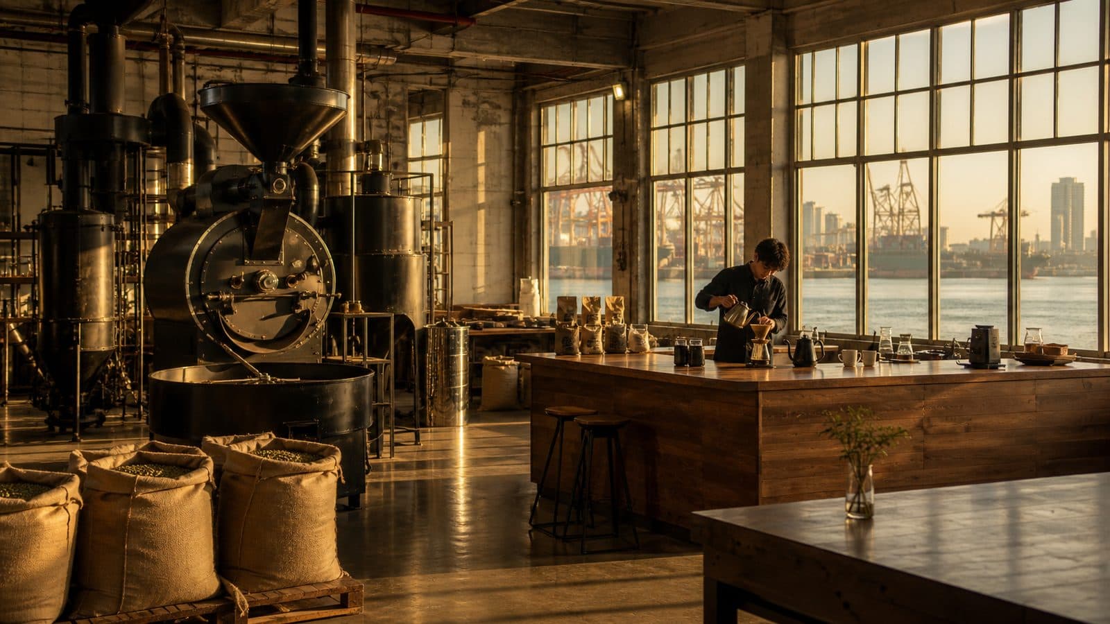 Industrial coffee roastery interior with roasting machines and a barista pouring a hand drip, harbor cranes visible through tall windows