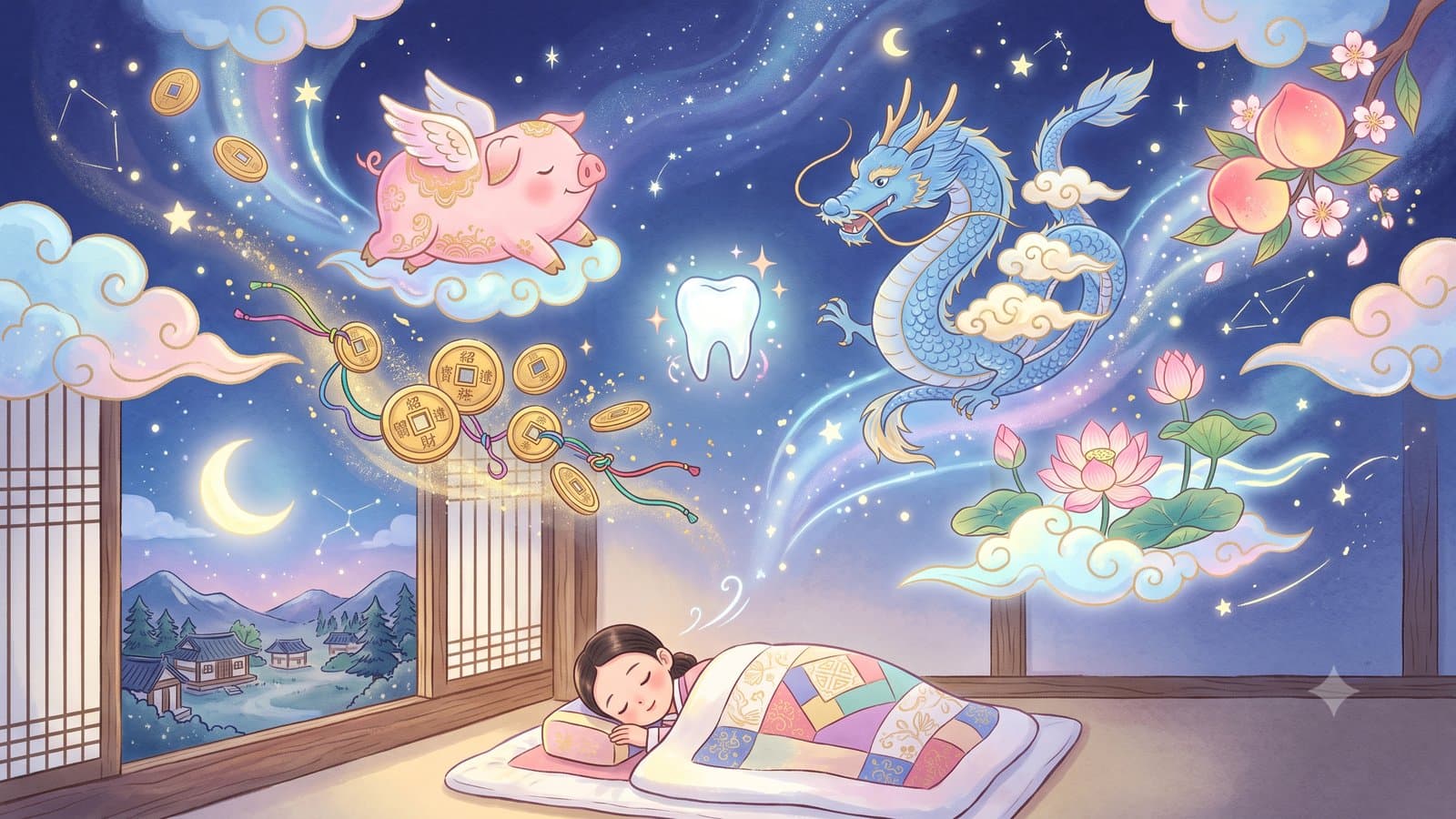 Illustration of a person sleeping under a patchwork blanket in a hanok while lucky Korean dream symbols float above — a winged pig, a blue dragon, a glowing tooth, brass coins, peaches and lotus flowers in a starry night sky