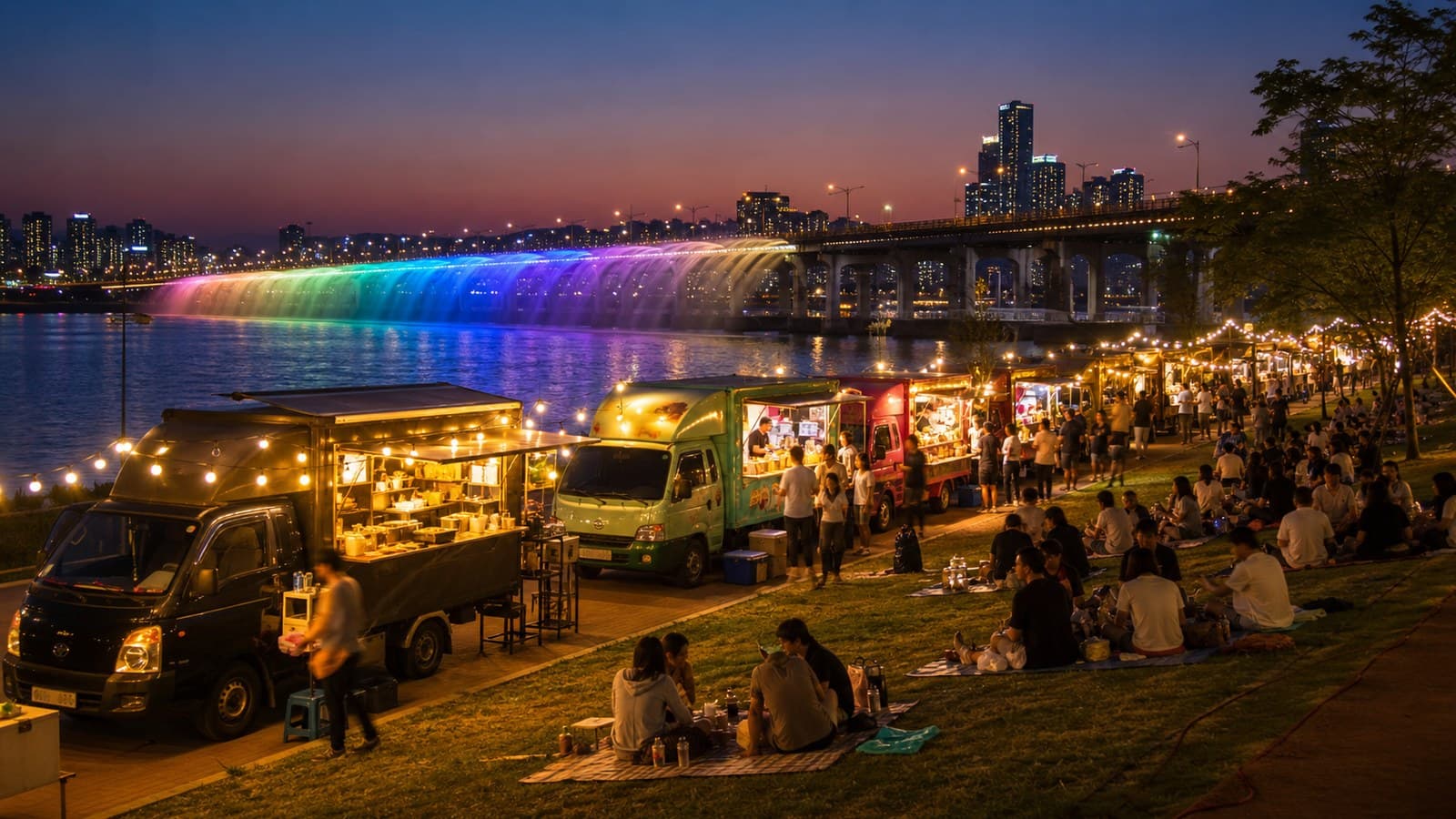 Food trucks with string lights along the Han River at dusk, picnickers on the grass, and the rainbow fountain pouring off Banpo Bridge