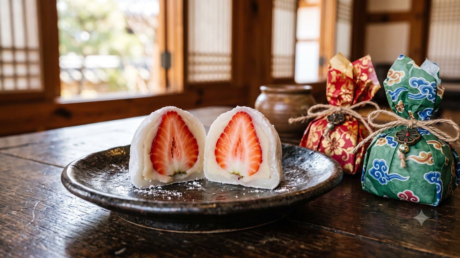 AI-generated image of a strawberry chapssaltteok cut in half on a dark ceramic plate beside rice cakes wrapped in colorful traditional hanji paper in a hanok interior