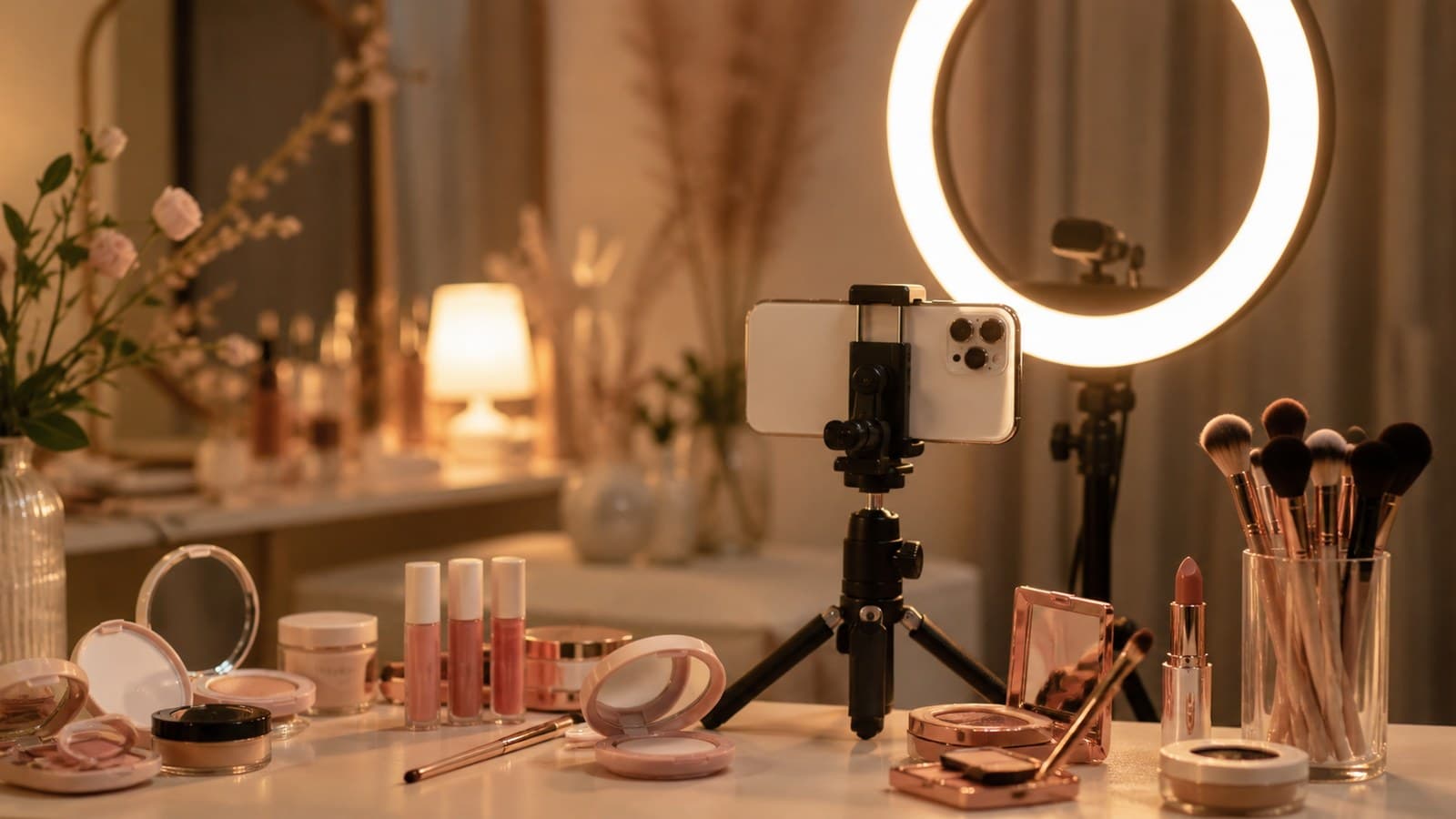 A beauty creator's filming setup — ring light, smartphone on a tripod, and Korean cosmetics scattered on a warm vanity table