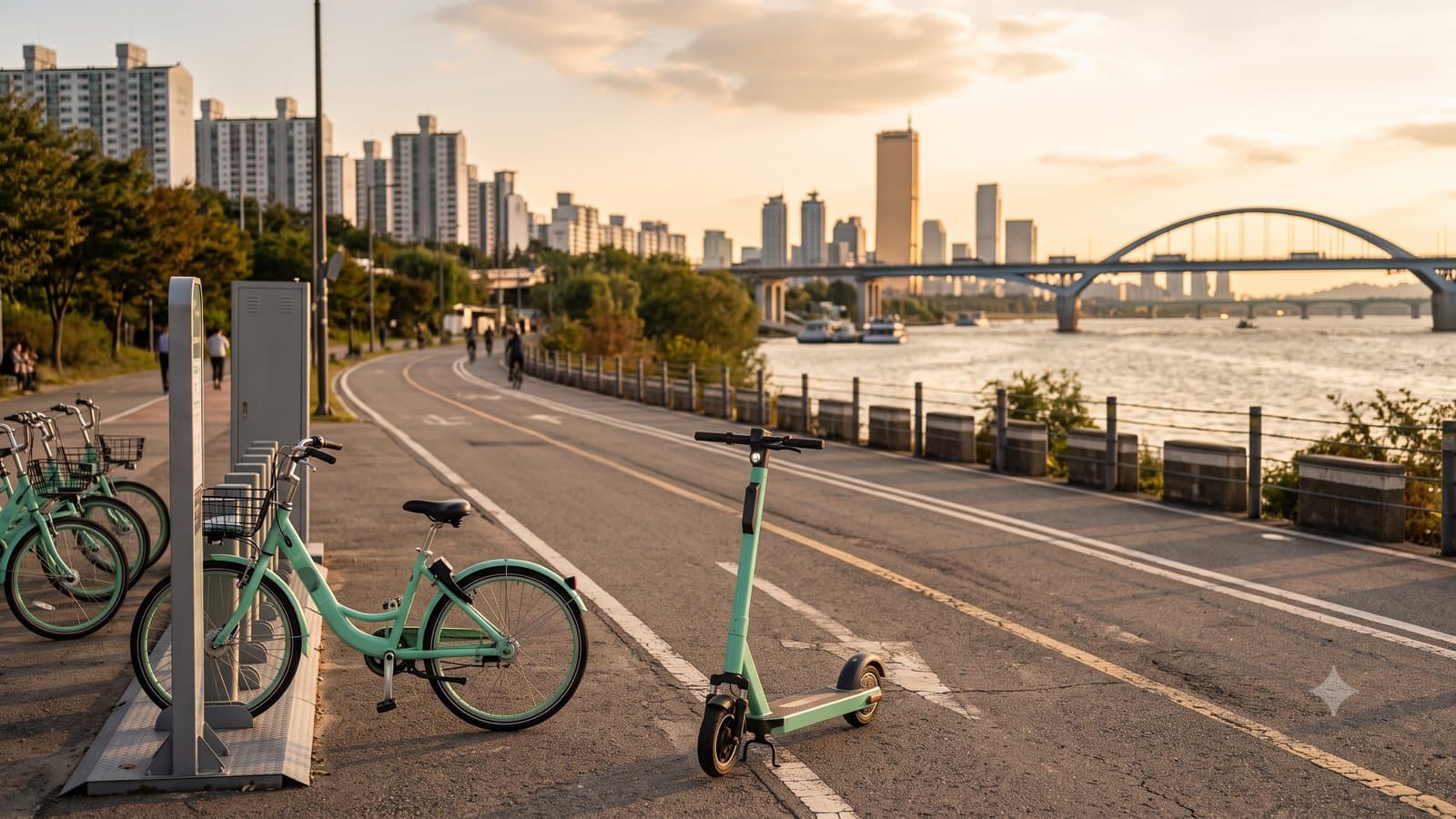 AI-generated image of mint-green public share bikes docked beside an e-scooter on a Han River bike path at golden hour, Seoul skyline and bridge behind