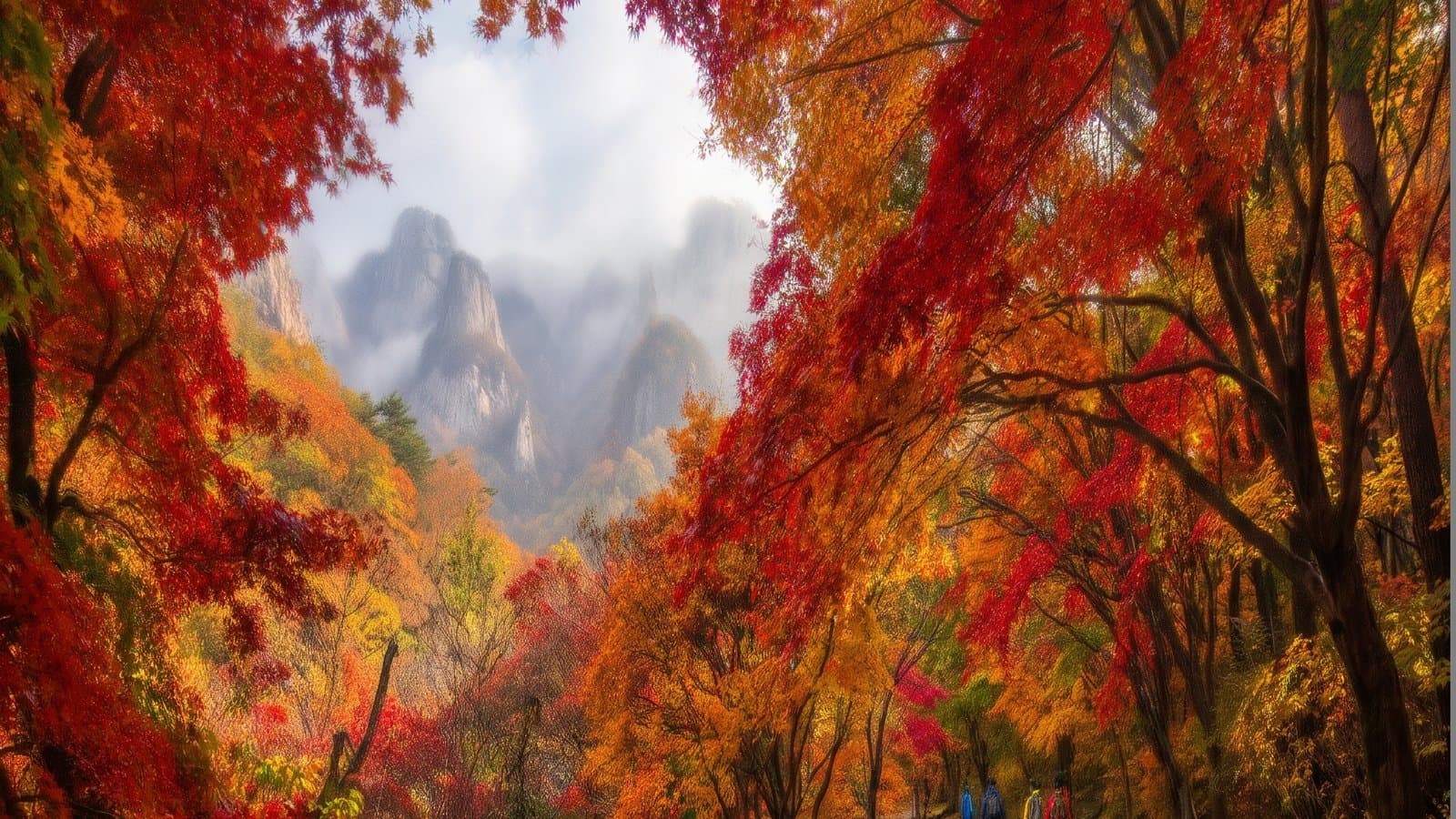 AI-generated image of hikers on a trail through a tunnel of brilliant red and orange maple trees with misty granite peaks in the distance