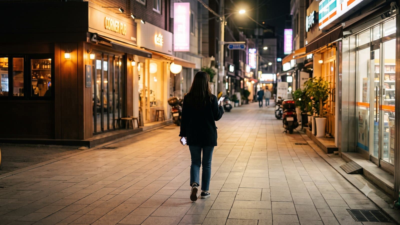AI-generated image of a woman walking alone at night down a warmly lit, calm Seoul side street with glowing storefronts and a convenience store
