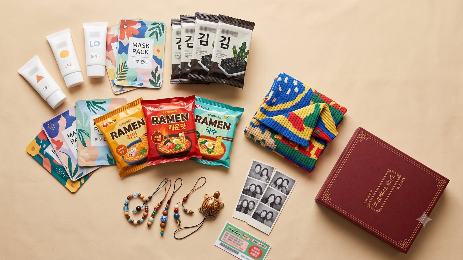 AI-generated flat-lay of popular Korean souvenirs: sunscreen tubes, sheet masks, gim seaweed packs, ramyeon, a knit bag, bead charms and a turtle charm, a photo strip, a lottery ticket, and a red ginseng gift box
