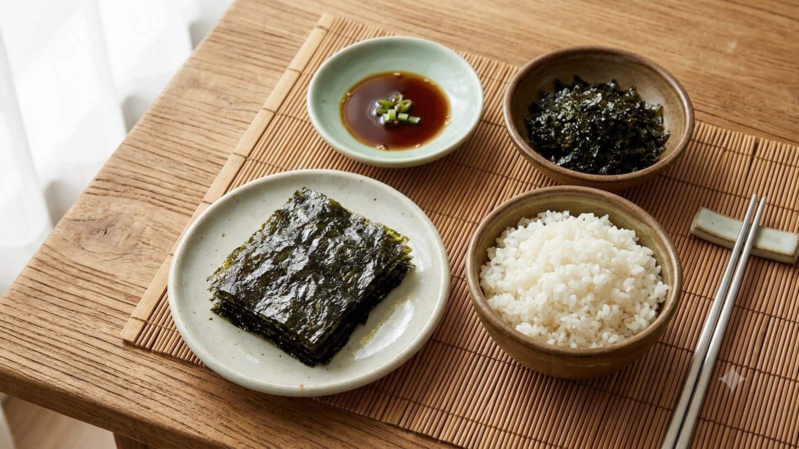 AI-generated image of a Korean table setting with a stack of roasted gim seaweed sheets, a bowl of rice, gim flakes, and soy sauce on a wooden table