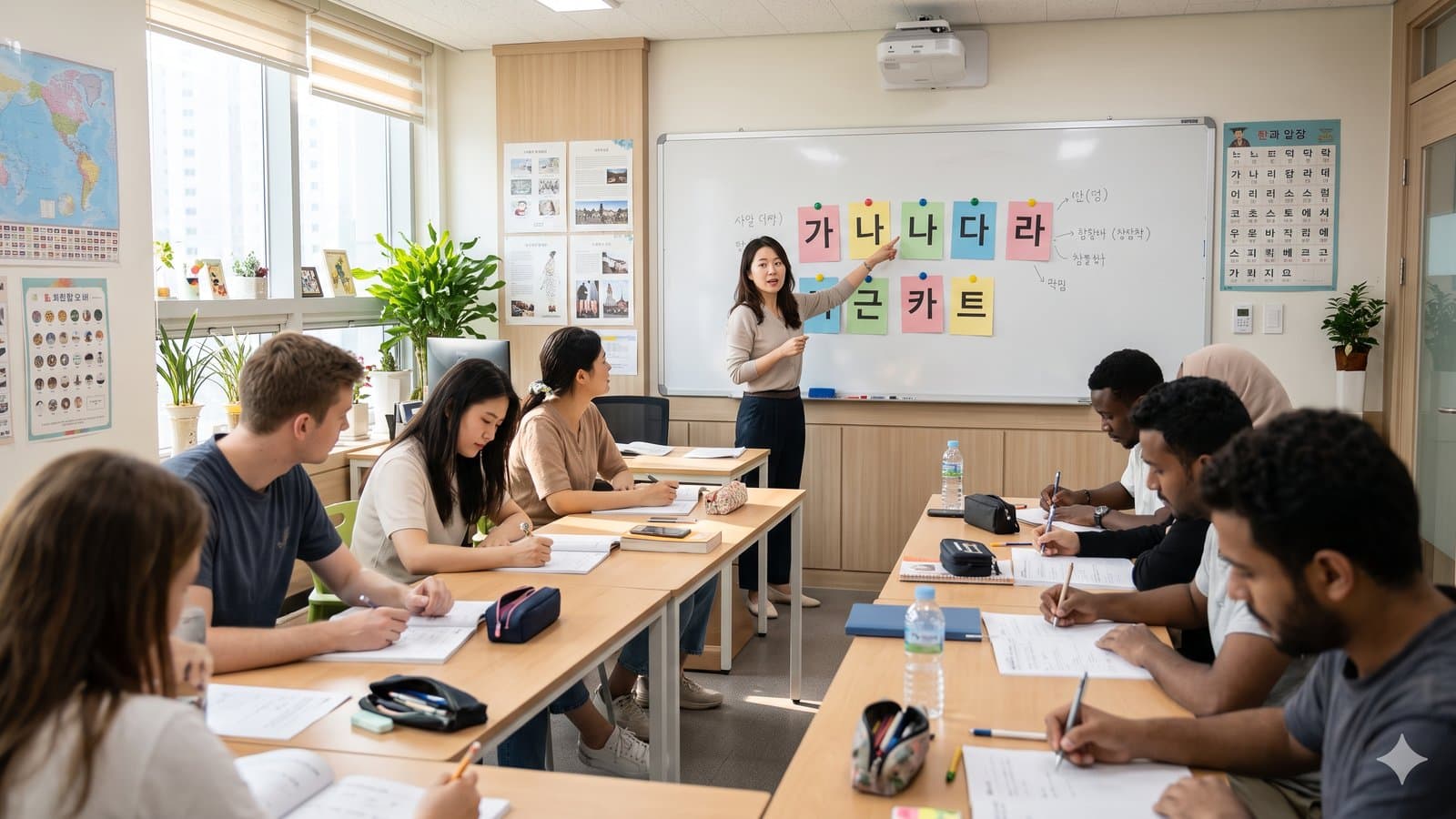 AI-generated image of a bright Korean language classroom where a teacher points at colorful Hangul cards on a whiteboard while international students take notes