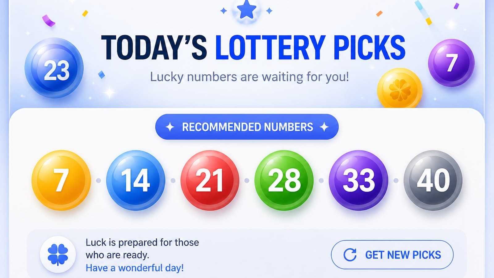 Playful illustration of colorful numbered lottery balls under the words Today's Lottery Picks with a get-new-picks button