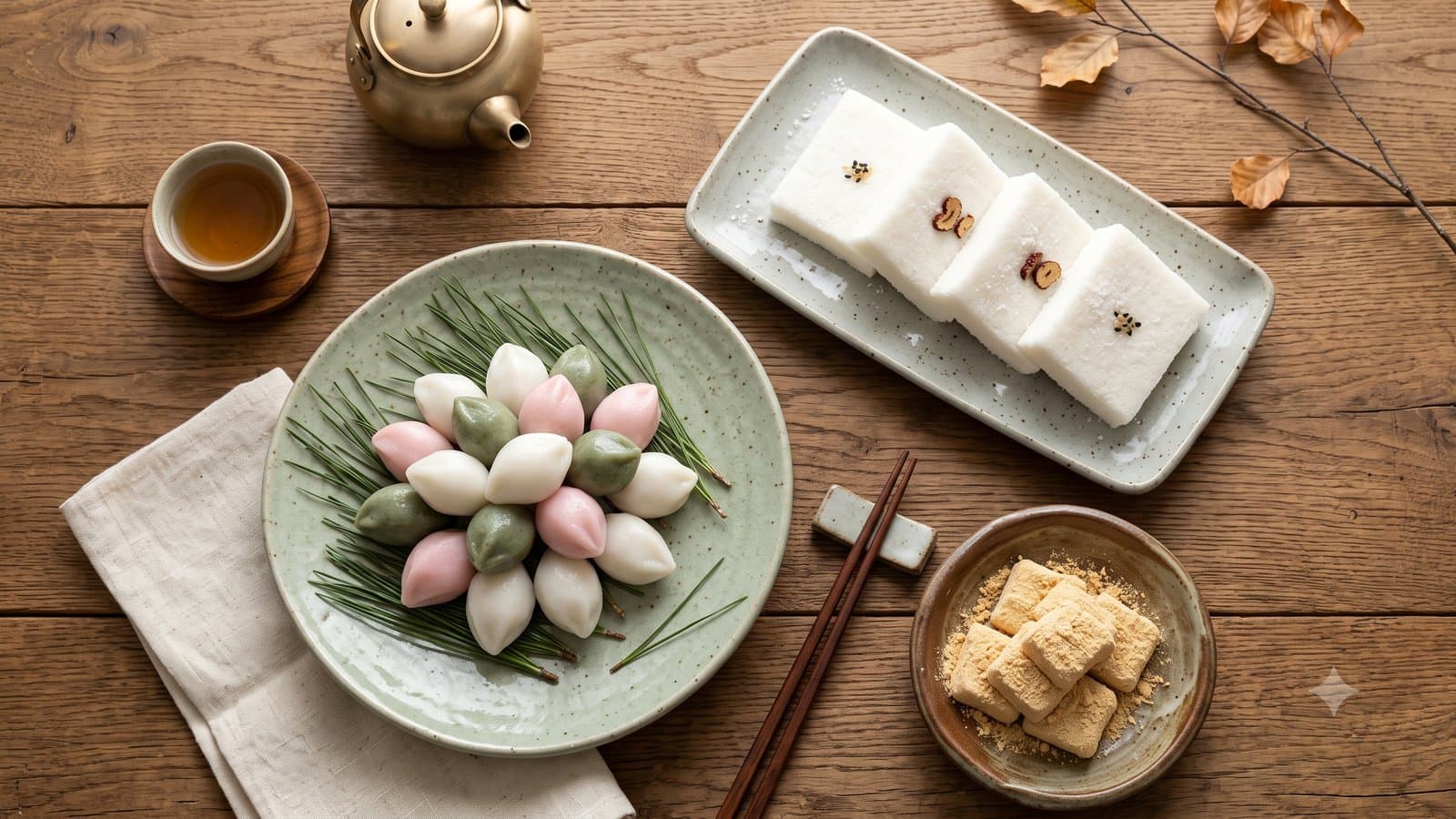 AI-generated overhead image of a Korean rice cake spread: pastel songpyeon on pine needles, white baekseolgi slices, and injeolmi dusted with soybean powder beside a teapot