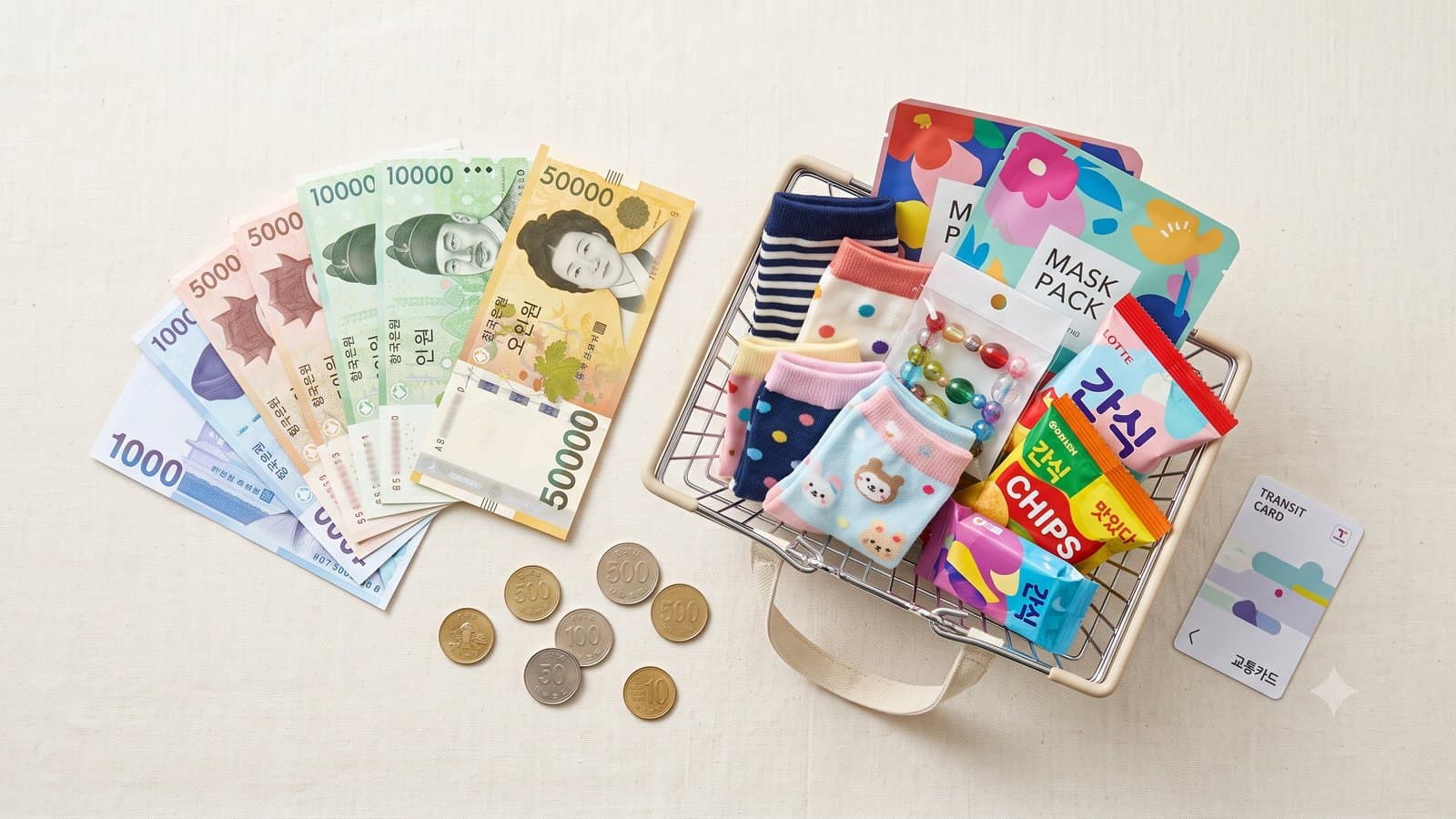 AI-generated flat-lay of Korean banknotes fanned beside coins, a small shopping basket of socks, sheet masks, beads and snacks, and a transit card