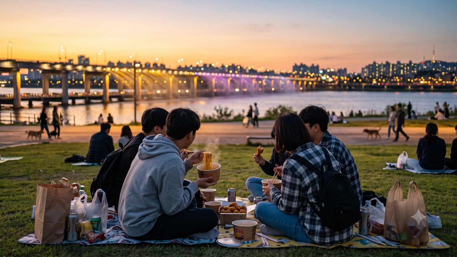 AI-generated image of friends picnicking on the grass at a Han River park at dusk, eating instant ramyeon and fried chicken with an illuminated bridge and Seoul skyline behind