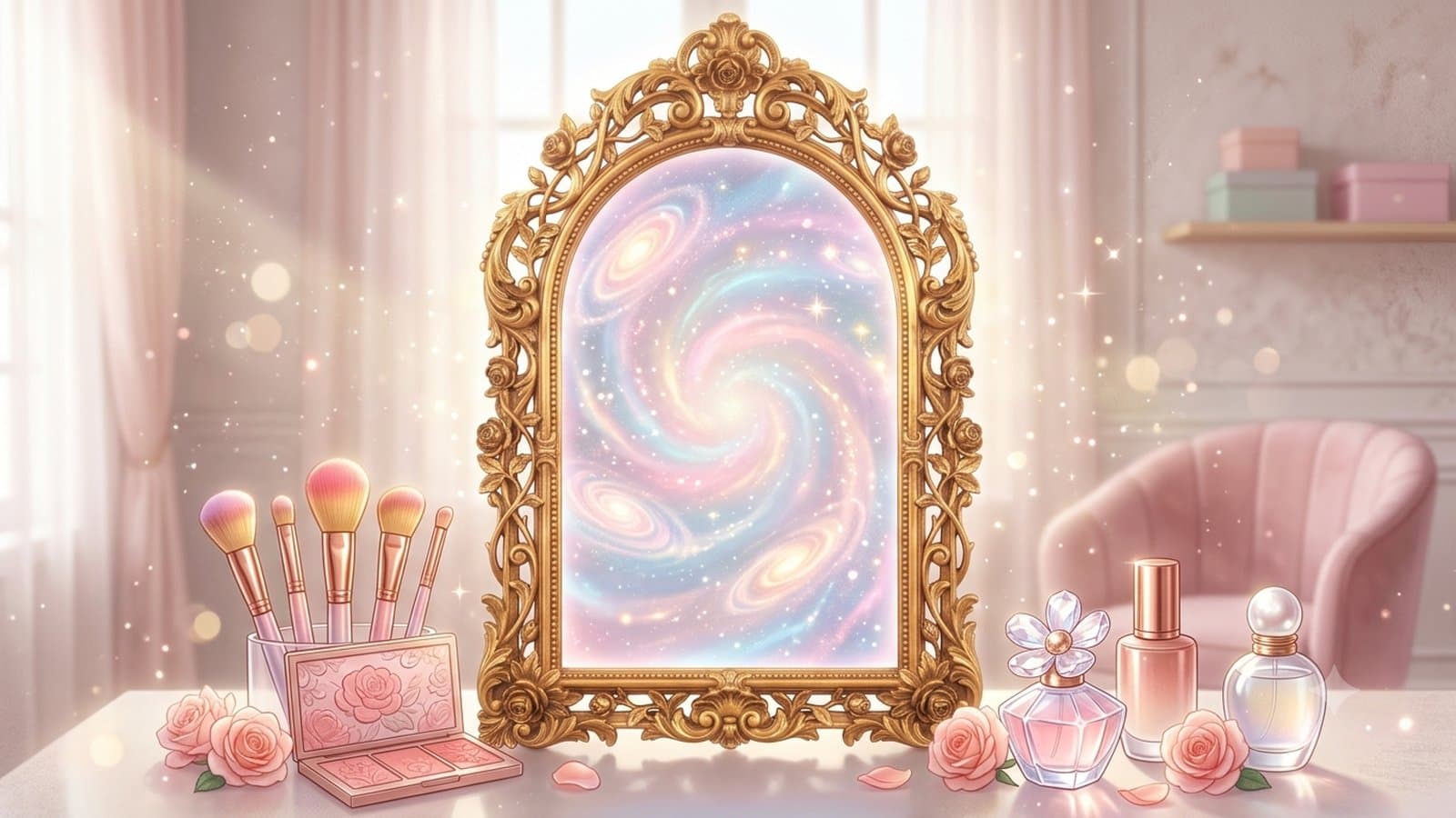 Illustration of an ornate golden fairy-tale mirror glowing with pastel light on a K-beauty vanity table with brushes, blush and perfume bottles