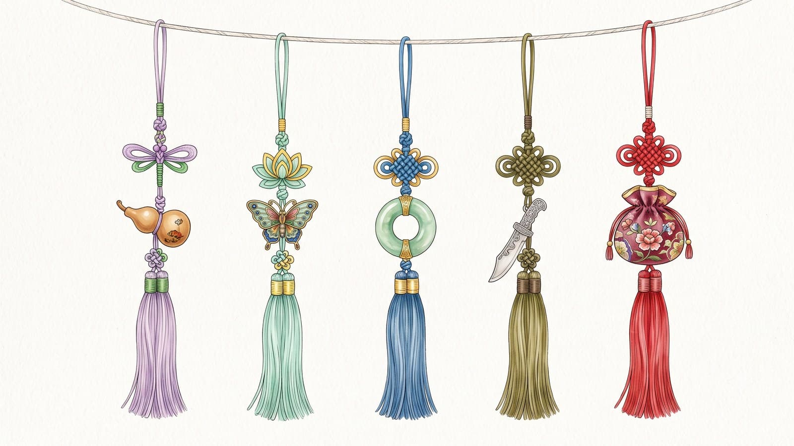 Five illustrated Korean norigae pendants with jade, gourd, butterfly, pouch, and silver knife ornaments and colorful silk tassels