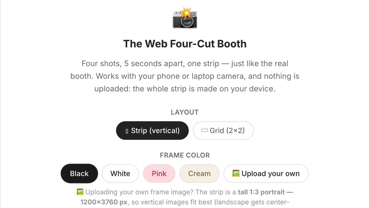The web four-cut booth intro screen with frame color options and a camera button
