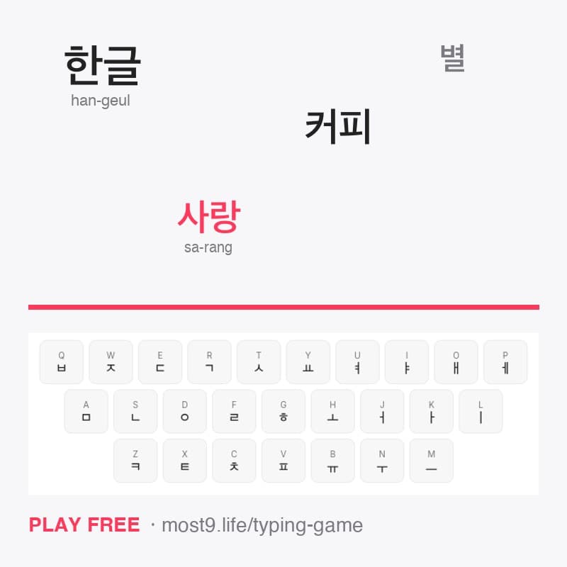 The Hangul typing game interface with an on-screen Korean keyboard