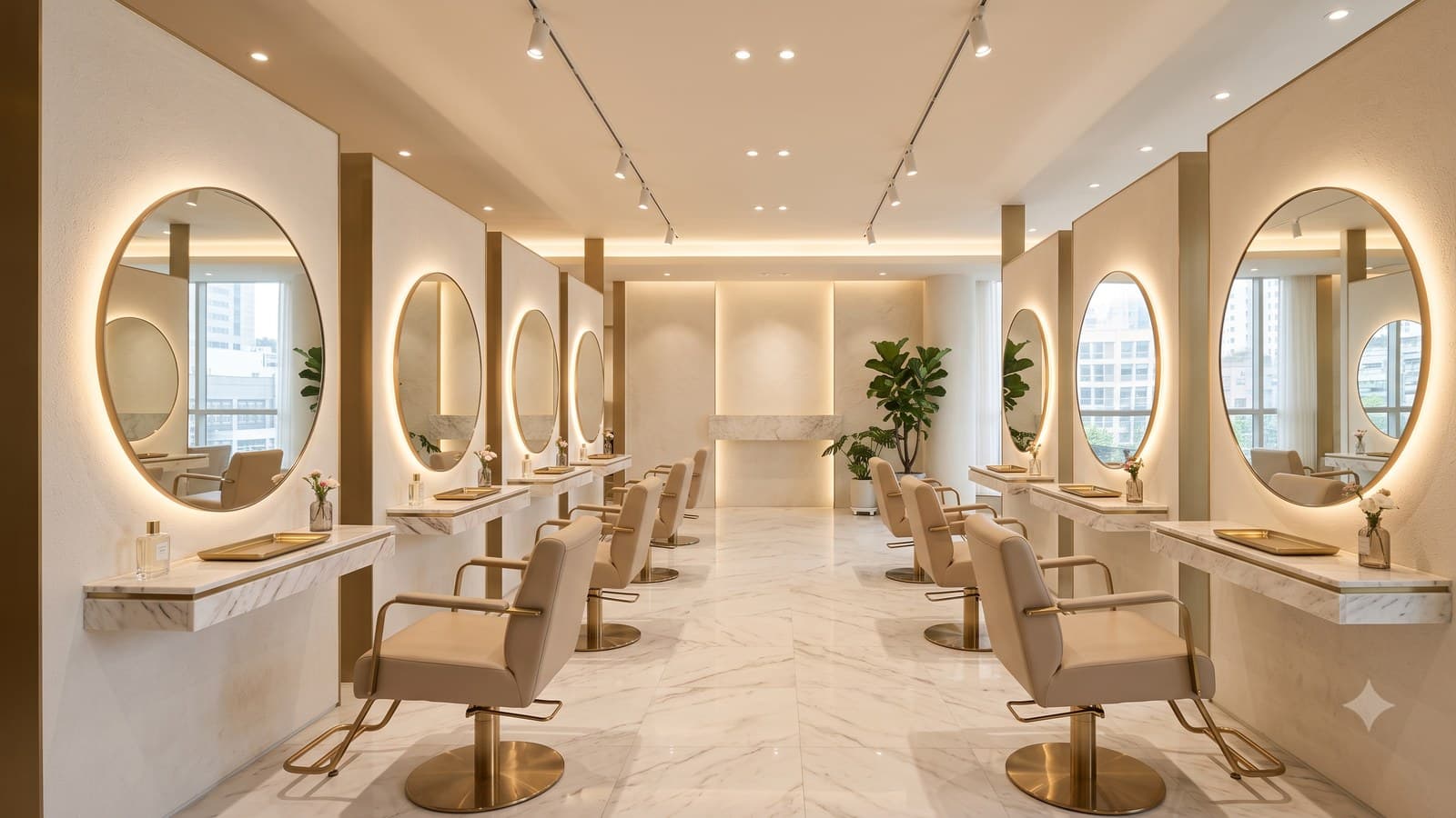 A luxurious beige-and-gold hair salon interior with backlit round mirrors and marble styling stations