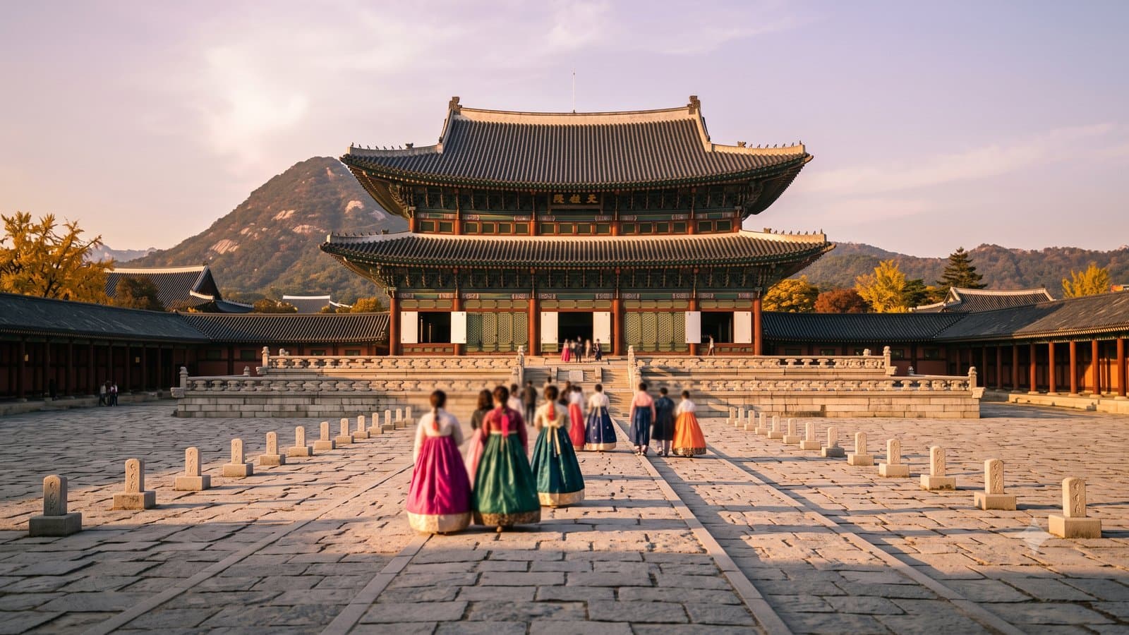 AI-generated image in the style of Gyeongbokgung Palace: visitors in colorful hanbok crossing a stone courtyard with rank markers toward a grand throne hall at golden hour, mountains behind