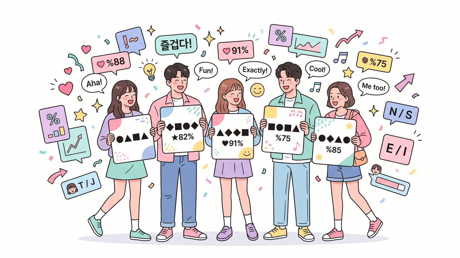 Webtoon-style illustration of five young Koreans happily holding personality test result cards with type letters and percentages floating around them
