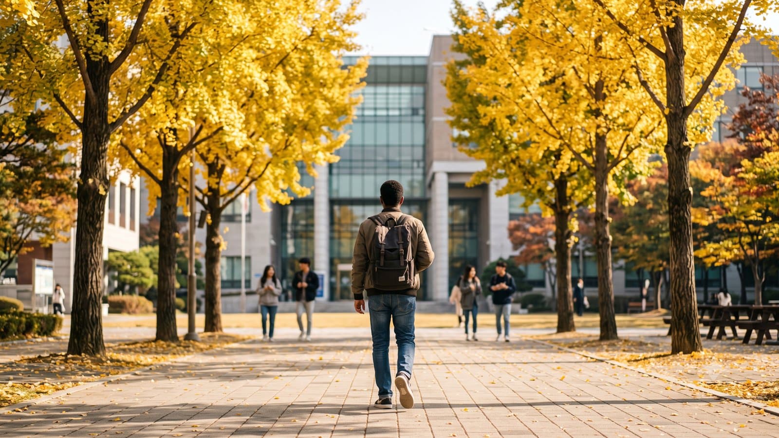 AI-generated image of an international student with a backpack walking down a ginkgo-lined Korean university campus path in autumn